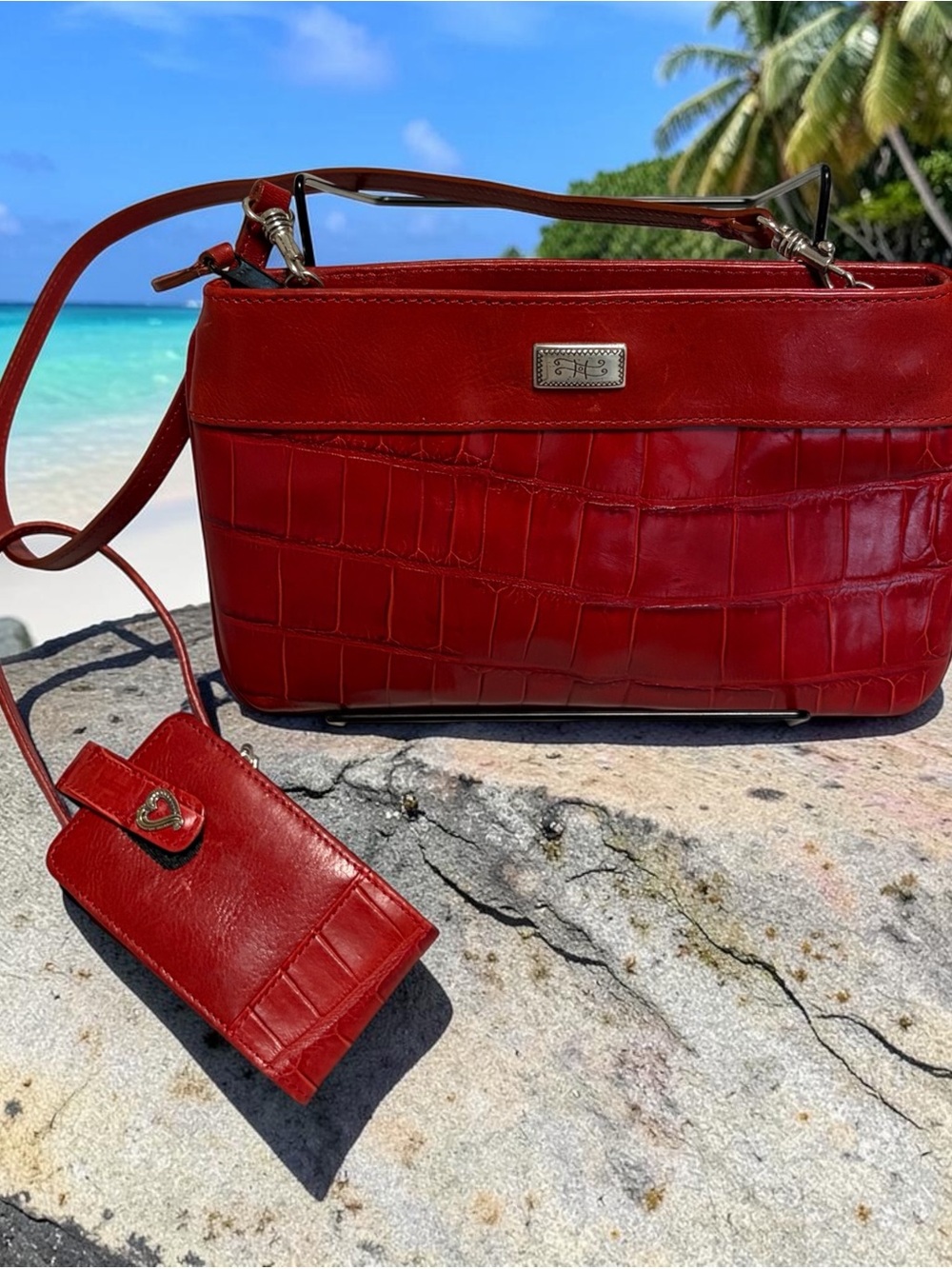 Vtg Brighton Red Croc Embossed Leather Shoulder Bag & Phone Pouch Set